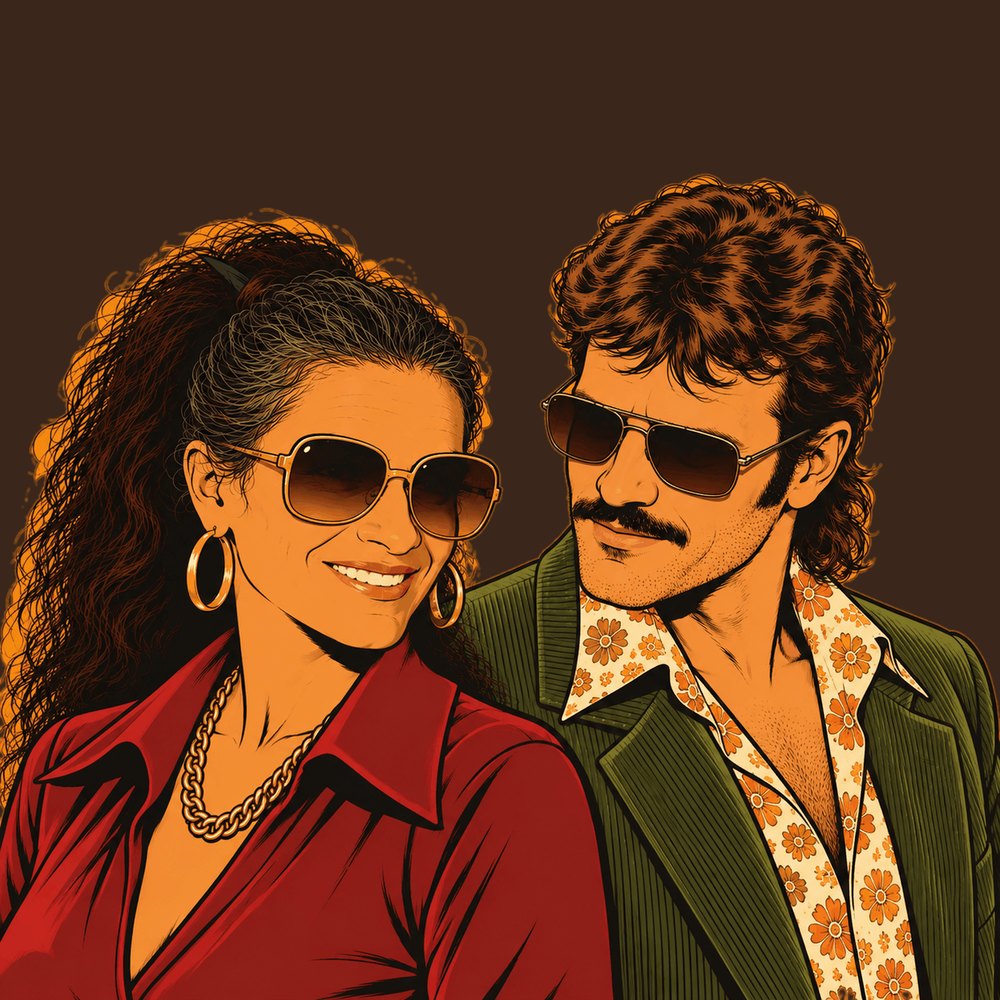 Nathalie Rideau et Stéphane Mangepin, portrait dessiné, lunettes de soleil et chemises à fleurs.