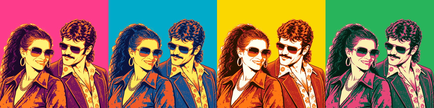 Le duo Rideau Mangepin décliné en quatre portraits sérigraphiés de couleurs différentes.